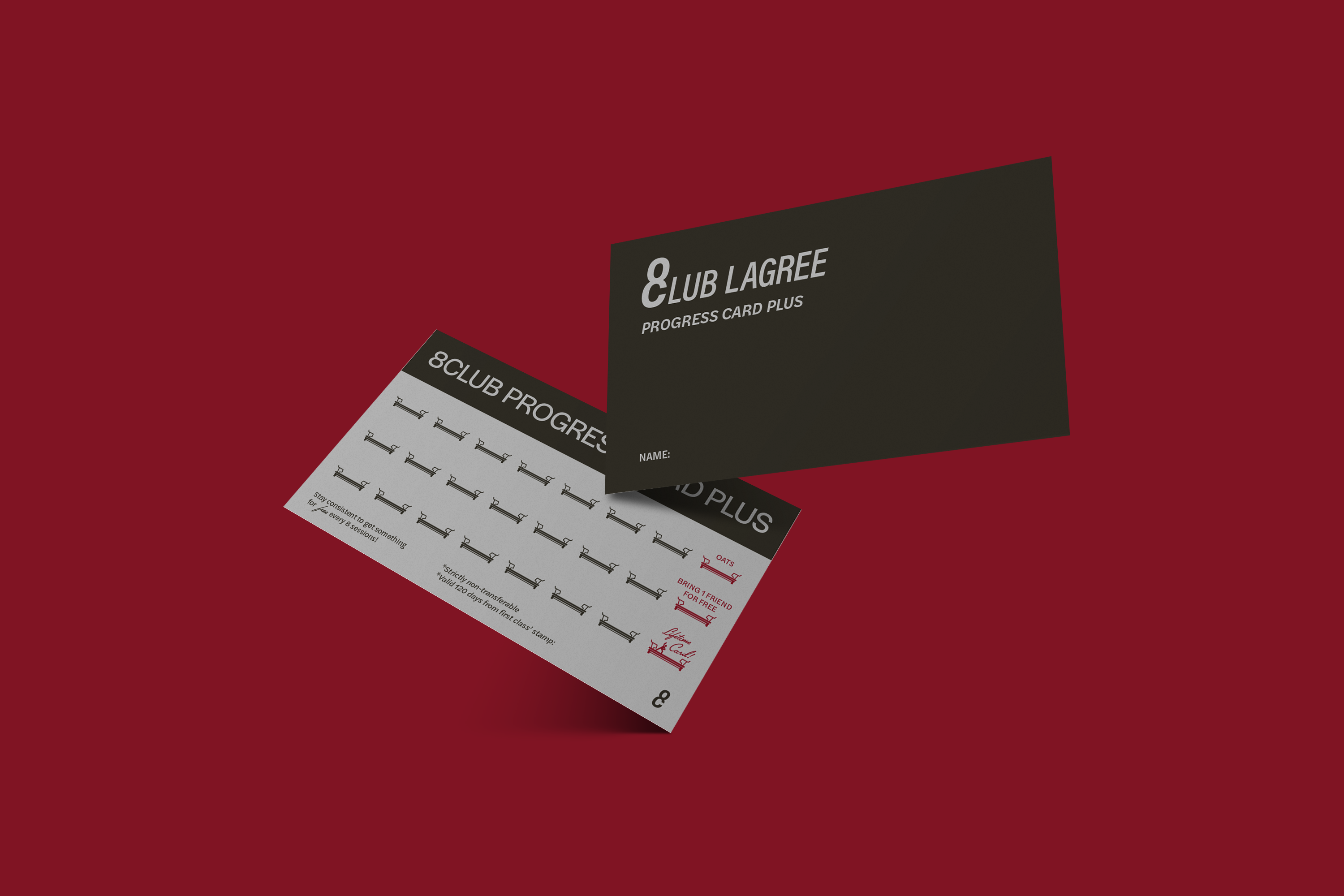 The black 8CLUB Progress Card Plus shown open against a burgundy backdrop